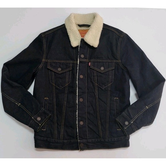 Levi's Denim Trucker Jacket Sherpa Collar Lined Dark Wash Size S - Picture 3 of 9